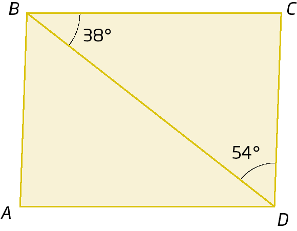 Figura geométrica. Quadrilátero ABCD. Diagonal BD dividindo-o em dois triângulos: ABD e BCD. No triângulo BCD, ângulo em B igual a 38 graus, em C igual a 54 graus.