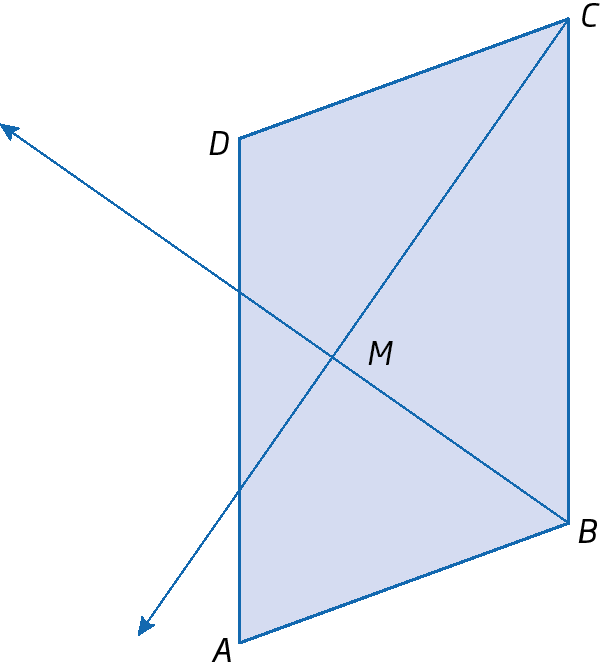 Figura geométrica. Quadrilátero ABCD. Semirretas saindo dos vértices B e C se cruzam no ponto M internamente ao quadrilátero.