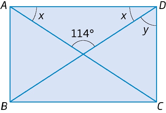 Figura geométrica. Retângulo ABCD. Diagonais AC e BD. Um dos triângulos formados pelas diagonais têm ângulos de medidas x, no vértice A, x, no vértice D, 114 graus, no encontro das diagonais. No vértice D, a outra parte do ângulo mede y.