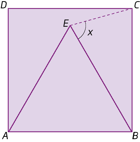Figura geométrica. Quadrado ABCD. Internamente ao quadrado, triângulo ABE, cujo lado AB é o mesmo do quadrilátero. Do ponto E há um segmento de reta traçado até C, formando um ângulo x em E.