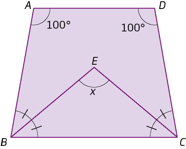 Figura geométrica. Trapézio ABCD. Segmentos de reta que saem dos vértices B e C se encontram no ponto E e formam o triângulo BCE. ângulo em E igual a x. ângulos em B divididos em dois congruentes entre si; ângulos em C divididos em dois congruentes entre si. ângulo em A igual a 100 graus e ângulo em D igual a 100 graus.