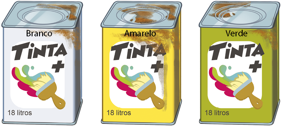 Ilustração. Três latas de tinta com capacidade de 18 litros cada uma, lado a lado. Em uma das latas há tinta branca, em outra, amarela, e em outra, verde.
