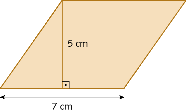 Ilustração. Paralelogramo laranja com base medindo 7 centímetros de comprimento e altura medindo de 5 centímetros de comprimento.