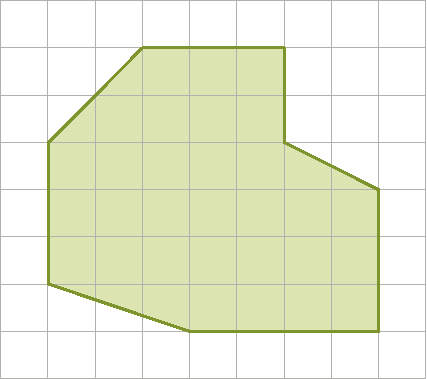 Esquema. Malha quadriculada composta  por 8 linhas e 9 colunas. Dentro dela, há uma figura geométrica verde de 8 lados 
O primeiro vértice da figura está localizado no vértice direito inferior do primeiro quadradinho da terceira linha, de cima para baixo, da malha quadriculada.
O segundo vértice da figura se encontra no vértice direito inferior do terceiro quadradinho da primeira linha, de cima para baixo. 
O terceiro vértice da figura está localizado no vértice direito inferior do sexto quadradinho da primeira linha, de cima para baixo. 
O quarto vértice da figura se encontra no vértice direito inferior do sexto quadradinho da terceira linha, de cima para baixo. 
O quinto vértice da figura está localizado no vértice direito inferior do oitavo quadradinho da quarta linha, de cima para baixo.
O sexto vértice da figura se encontra no vértice direito inferior do oitavo quadradinho da sétima linha, de cima para baixo.
O sétimo vértice da figura se encontra no vértice direito inferior do quarto quadradinho da sétima linha, de cima para baixo.
O oitavo vértice da figura se encontra no vértice direito inferior do primeiro quadradinho da sexta linha, de cima para baixo.