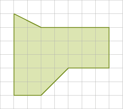 Esquema. Malha quadriculada composta  por 8 linhas e 9 colunas. Dentro dela, há uma figura geométrica verde de 7 lados 
O primeiro vértice da figura está localizado no vértice direito inferior do primeiro quadradinho da primeira linha, de cima para baixo, da malha quadriculada.
O segundo vértice da figura se encontra no vértice direito inferior do terceiro quadradinho da segunda linha, de cima para baixo. 
O terceiro vértice da figura está localizado no vértice direito inferior do oitavo quadradinho da segunda linha, de cima para baixo. 
O quarto vértice da figura se encontra no vértice direito inferior do oitavo quadradinho da quinta linha, de cima para baixo. 
O quinto vértice da figura está localizado no vértice direito inferior do quinto quadradinho da quinta linha, de cima para baixo.
O sexto vértice da figura se encontra no vértice direito inferior do terceiro quadradinho da sétima linha, de cima para baixo.
O sétimo vértice da figura se encontra no vértice direito inferior do primeiro quadradinho da sétima linha, de cima para baixo.