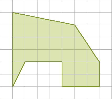 Esquema. Malha quadriculada composta  por 8 linhas e 9 colunas. Dentro dela, há uma figura geométrica verde de 8 lados 
O primeiro vértice da figura está localizado no vértice direito inferior do primeiro quadradinho da primeira linha, de cima para baixo, da malha quadriculada.
O segundo vértice da figura se encontra no vértice direito inferior do sexto quadradinho da segunda linha, de cima para baixo. 
O terceiro vértice da figura está localizado no vértice direito inferior do oitavo quadradinho da quinta linha, de cima para baixo. 
O quarto vértice da figura se encontra no vértice direito inferior do oitavo quadradinho da sétima linha, de cima para baixo. 
O quinto vértice da figura está localizado no vértice direito inferior do quinto quadradinho da sétima linha, de cima para baixo.
O sexto vértice da figura se encontra no vértice direito inferior do quinto quadradinho da quinta linha, de cima para baixo.
O sétimo vértice da figura se encontra no vértice direito inferior do segundo quadradinho da quinta linha, de cima para baixo.
O oitavo vértice da figura se encontra no vértice direito inferior do primeiro quadradinho da sétima linha, de cima para baixo.
