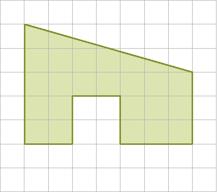Esquema. Malha quadriculada composta  por 8 linhas e 9 colunas. Dentro dela, há uma figura geométrica verde de 8 lados 
O primeiro vértice da figura está localizado no vértice direito inferior do primeiro quadradinho da primeira linha, de cima para baixo, da malha quadriculada.
O segundo vértice da figura se encontra no vértice direito inferior do oitavo quadradinho da terceira linha, de cima para baixo. 
O terceiro vértice da figura está localizado no vértice direito inferior do oitavo quadradinho da sexta linha, de cima para baixo. 
O quarto vértice da figura se encontra no vértice direito inferior do quinto quadradinho da sexta linha, de cima para baixo. 
O quinto vértice da figura está localizado no vértice direito inferior do quinto quadradinho da quarta linha, de cima para baixo.
O sexto vértice da figura se encontra no vértice direito inferior do terceiro quadradinho da quarta linha, de cima para baixo.
O sétimo vértice da figura se encontra no vértice direito inferior do terceiro quadradinho da sexta linha, de cima para baixo.
O oitavo vértice da figura se encontra no vértice direito inferior do primeiro quadradinho da sexta linha, de cima para baixo.