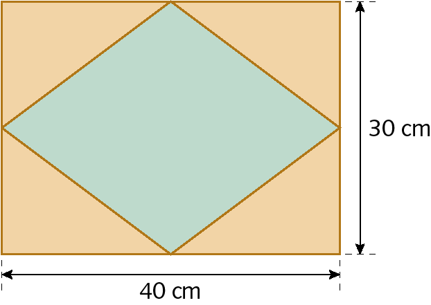 Ilustração. Retângulo laranja com medida de comprimento dos lados igual a 40 centímetros e 30 centímetros. Dentro do retângulo há um losango verde com os vértices encostando nas laterais do retângulo.