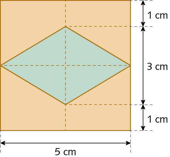 Ilustração. Quadrado laranja com lado medindo 5 centímetros de comprimento. Dentro, losango verde com apenas dois vértices opostos tocando as laterais do quadrado. O vértice superior e inferior não tocam nas laterais do quadrado. A medida do comprimento da diagonal menor do losango é 3 centímetros. A medida do comprimento da distância do vértice superior do losango até a lateral superior do quadrado é 1 centímetro e a medida do comprimento da distância  do vértice inferior do losango até a lateral inferior do quadrado é 1 centímetro.
