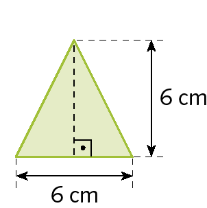 Ilustração. Triângulo com base medindo 6 centímetros de comprimento e altura medindo 6 centímetros de comprimento.