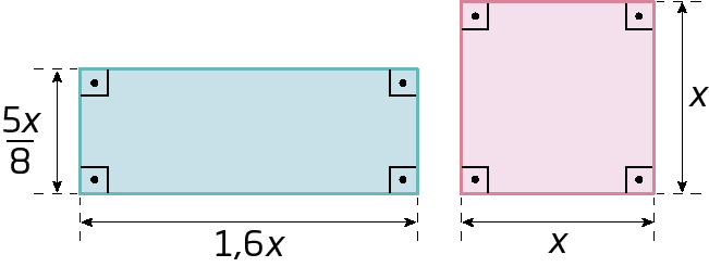 Ilustração. Retângulo verde com um lado medindo fração 5x sobre 8 e outro lado medindo 1 vírgula 6x. 
Ao lado, quadrado rosa de lado x.
