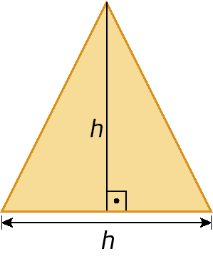Figura geométrica. Triângulo laranja com base medindo h e altura medindo h com indicação do ângulo reto.