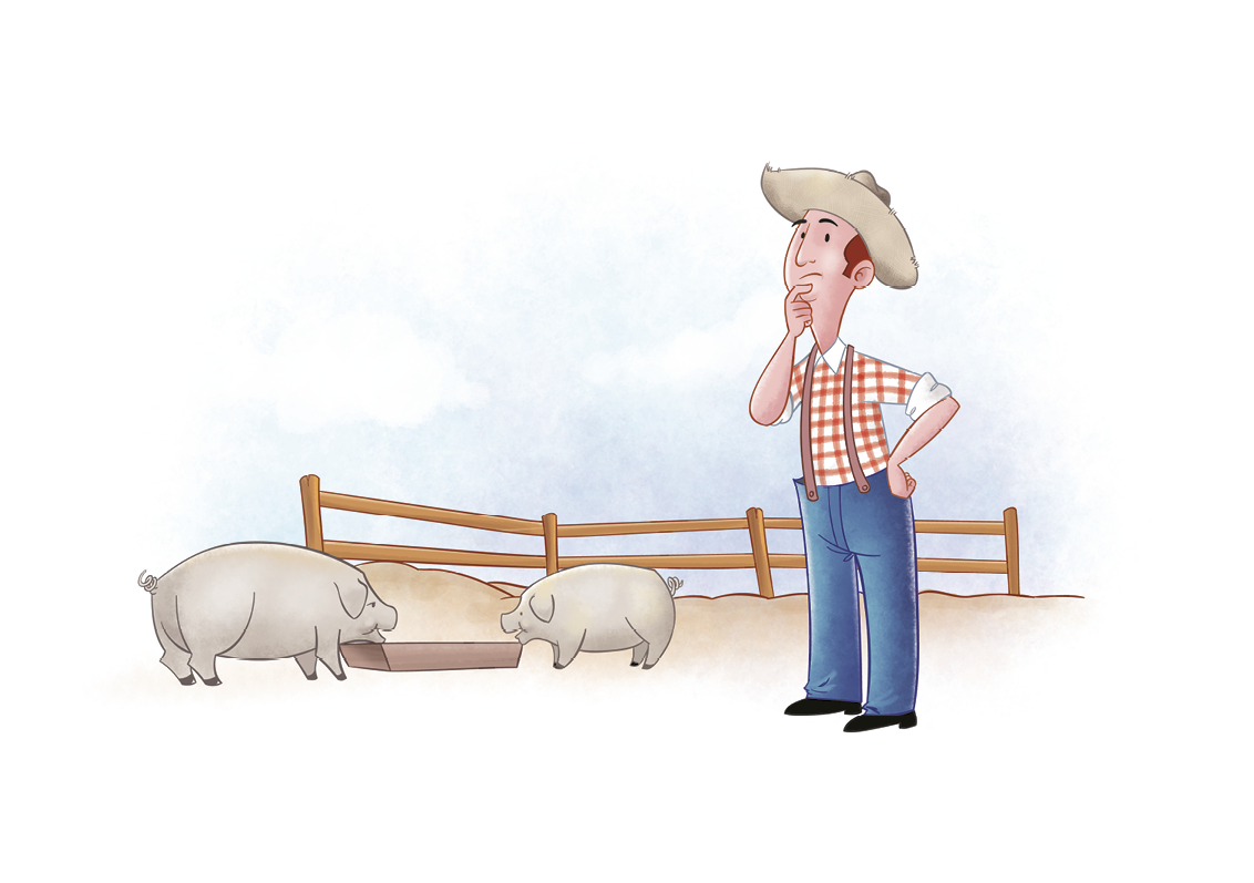 Ilustração. À direita, homem de chapéu, camisa xadrez vermelha e calça azul. Ele olha para o lado. À frente dele, porcos. Ao fundo uma cerca de madeira.