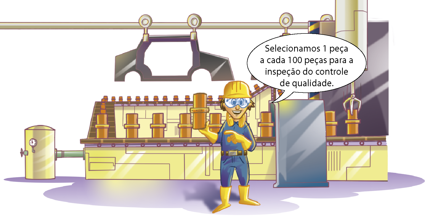 Ilustração; Homem de capacete, luvas e botas na cor amarela, óculos de proteção  e macacão azul. Ele fala: Selecionamos uma peça a cada 100 peças para a inspeção do controle de qualidade. Atrás, peças cilíndricas sobre esteira de fábrica.