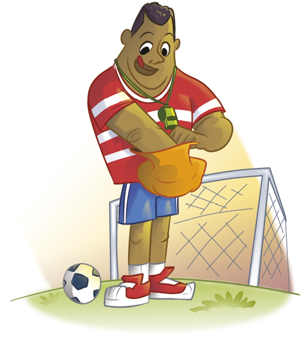 Ilustração; Homem negro, com camiseta vermelha e branca listrada e short azul. Ele tem um apito verde pendurado no pescoço. Ele está com uma mão dentro de um saco laranja. Ao lado, uma bola de futebol. Atrás dele está o gol.