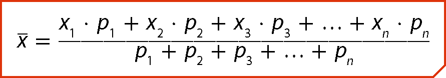 Sentença matemática. x barra igual a fração de numerador igual a x1 vezes p1 mais x2 vezes p2 mais x3 vezes p3 mais reticências mais xn vezes pn e denominador igual a p1 mais p2 mais p3 mais reticências mais pn.