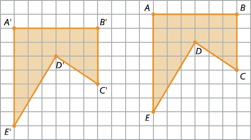 Figura geométrica. Malha quadriculada com a representação do pentágono não convexo ABCDE e sua translação A linha, B linha, C linha, D linha e E linha. A translação foi feita da direita para a esquerda e de cima para baixo. A medida do deslocamento é determinada pela diagonal do retângulo composto por 10 quadradinhos da malha dispostos lado a lado.