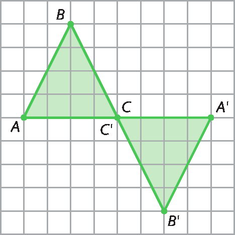 Figura geométrica. Malha quadriculada com a representação do triângulo ABC e sua rotação de 180 graus em torno do ponto C A linha, B linha e C linha,