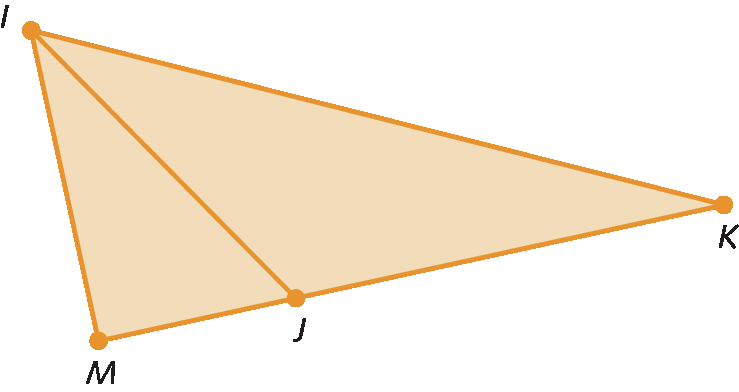Figura geométrica. Triângulo IMK com um uma reta interna criando mais dois triângulos, IMJ e IJK.