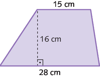 Figura geométrica. Trapézio cuja medida do comprimento da base maior é 28 centímetros, da base menor é 15 centímetros e da altura é 16 centímetros.