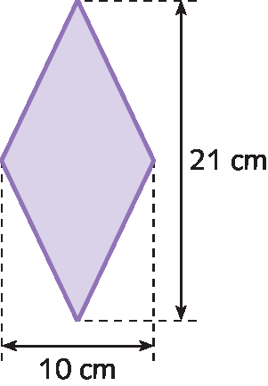 Figura geométrica. Losango cuja medida do comprimento da diagonal maior é 21 centímetros e a diagonal menor é 10 centímetros.