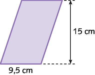 Figura geométrica. Paralelogramo cuja base mede 9 vírgula 5 centímetros de comprimento e tem altura medindo 15 centímetros de comprimento.