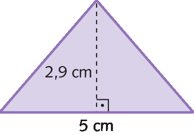 Figura geométrica. Triângulo cuja medida do comprimento da base é 5 centímetros e a da altura é 2 vírgula 9 centímetros.