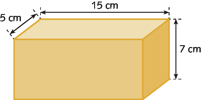 Figura geométrica. Paralelepípedo laranja com 5 centímetros de largura, 15 centímetros de comprimento e 7 centímetros de altura.