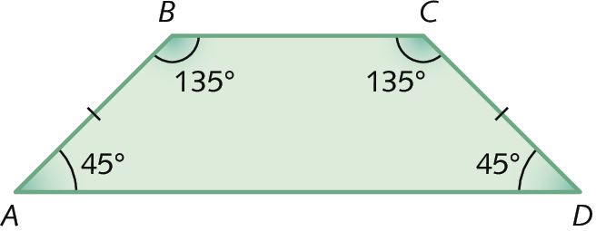 Figura geométrica. Trapézio isósceles ABCD. Os lados BC e AD são paralelos. Os lados AB e CD são congruentes. O ângulo ABC mede 135 graus, o ângulo BCD mede 135 graus, o ângulo CDA mede 45 graus e o ângulo DAB mede 45 graus,