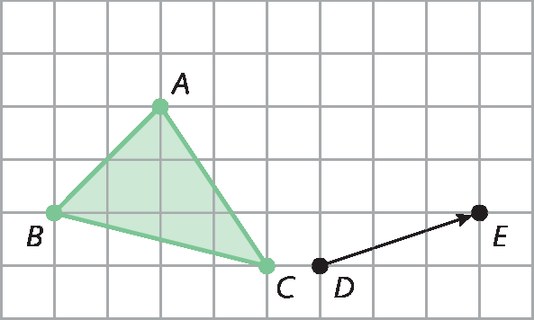 Figura geométrica. Malha quadriculada com triângulo ABC e vetor diagonal DE.
Tomando o vértice B como referência: o vértice A está 2 quadradinhos para a direita e 2 quadradinhos para cima; o vértice C está 4 quadradinhos para a direita e 1 quadradinho para baixo.
O vetor DE correspondente à movimentação de 1 quadradinho para cima e 3 quadradinhos para a direita.