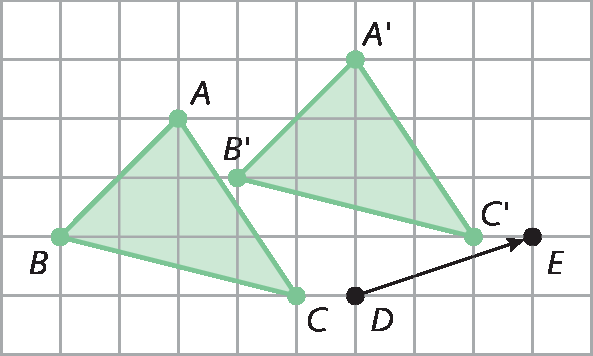 Figura geométrica. Malha quadriculada com triângulo ABC, vetor diagonal DE e triângulo A linha B linha C linha.
Tomando o vértice B como referência: o vértice A está 2 quadradinhos para a direita e 2 quadradinhos para cima; o vértice C está 4 quadradinhos para a direita e 1 quadradinho para baixo.
O vetor DE correspondente à movimentação de 1 quadradinho para cima e 3 quadradinhos para a direita.
O triângulo A linha B linha C linha é obtido pela translação do triângulo ABC a partir do vetor DE.