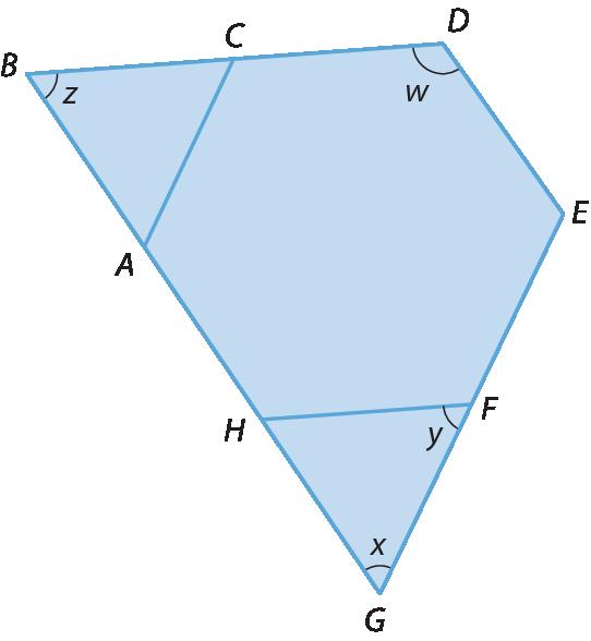 Figura geométrica. Quadrilátero BDEG, dividido em 3 polígonos: triângulo ABC, hexágono ACDEFH e triângulo FGH. Quatro ângulos estão destacados: ângulo CDE ou BDE que mede W; ângulo EGB ou FGH que mede X; ângulo GFH que mede Y; ângulo ABC ou GBD que mede Z.