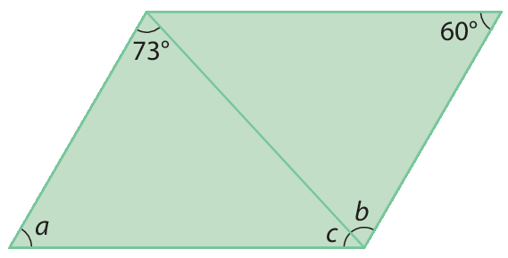 Figura geométrica. Paralelogramo dividido a partir de uma das diagonais em 2 triângulos. Em um triângulo, os ângulos internos medem 73 graus, C e A, de modo que A corresponde à medida de um dos ângulos do paralelogramo. No outro triângulo, dois ângulos internos estão destacados: um que mede B e outro que mede 60 graus, de modo que 60 graus corresponde à medida de um dos ângulos do paralelogramo. A união das medidas B e C corresponde à medida de um dos ângulos do paralelogramo.