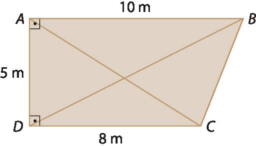 Figura geométrica. Trapézio reto ABCD cuja base maior AB mede 10 metros, a base menor CD mede 8 metros e a altura AD mede 5 metros.
O trapézio está dividido a partir de suas diagonais AC e BD, formando alguns triângulos, como CDA, ABD e BCD.