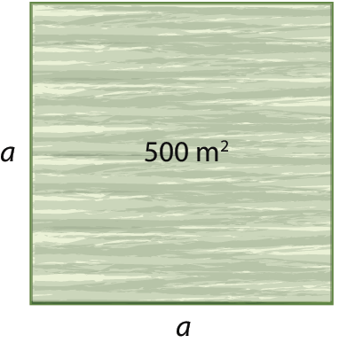 Figura geométrica. Quadrado verde. A medida do comprimento do lado do quadrado está indicada pela letra a. Dentro dele está escrito 500 metros quadrados,