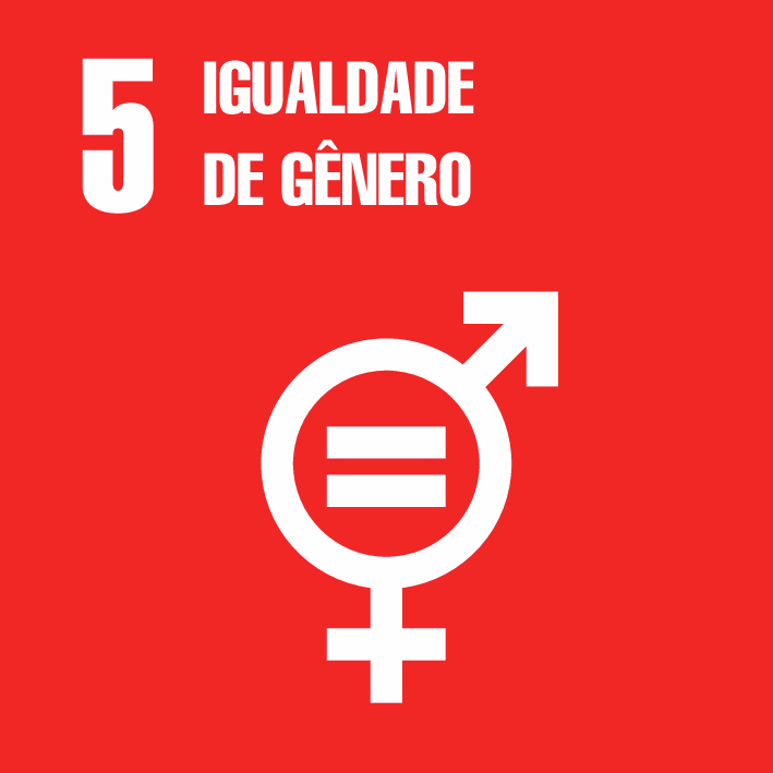 Quadrado vermelho com os escritos: 5 igualdade de gênero. Em branco o símbolo de feminino junto com o símbolo de masculino e um sinal de igualdade no meio.