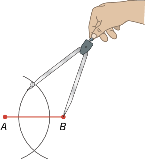 Ilustração. Segmento AB. Destaque para a mão de uma pessoa com compasso aberto, ponta seca em B traça arco próximo de A.