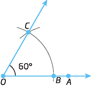 Ilustração. À esquerda, ponto O. De O, segmento de reta horizontal com ponto B e A e reta diagonal com ponto C. Ângulo em BC é 60 graus. Arco passando pelos pontos B e C, com concavidade virada para o ponto O.