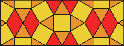 Ilustração. Retângulo com mosaico constituído de triângulos alaranjados e vermelhos e de quadrados amarelos. Dois padrões. No primeiro padrão, ao centro, um hexágono constituído de triângulos e na base de cada triângulo, um quadrado. No segundo padrão, ao centro um quadrado e em cada lateral um triângulo.
A figura é padrão 1, padrão 2 e finaliza com padrão 1.