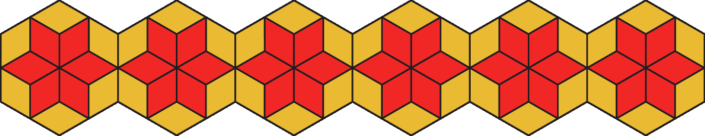 Ilustração. Sequência de seis figuras compostas por um hexágono laranja com seis losangos vermelhos dentro unidos no centro.