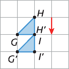 Figura geométrica. Malha quadriculada com triângulo GHI. Vetor vertical ao lado da figura, apontando para baixo. Na mesma malha, abaixo, triângulo idêntico, porém deslocado, G linha, H linha, I linha. O ponto I coincide com H linha. As figuras se interseccionam nesse único ponto.