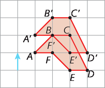 Figura geométrica. Malha quadriculada com figura geométrica de seis lados ABCDEF. Vetor vertical ao lado da figura, apontando para cima. Na mesma malha, acima, figura geométrica idêntica, porém deslocada, A linha, B linha, C linha, D linha, E linha e F linha. O ponto B coincide com F linha. As figuras tem intersecção, o ponto C está dentro da figura A linha, B linha, C linha, D linha, E linha, F linha e o ponto E linha está dentro da figura  ABCDEF.