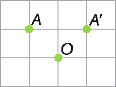 Figura geométrica. Malha quadriculada com ponto A na parte superior esquerda e ponto A linha ao lado. Abaixo, entre A e A linha, ponto O.