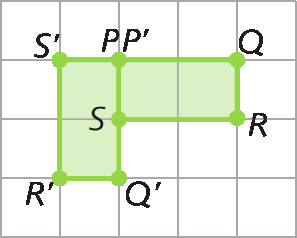 Figura geométrica. Malha quadriculada com retângulo verde na horizontal composta pelos pontos: PQRS. Na vertical, figura composta pelos pontos: P linha, Q linha, R linha, S linha. As figuras de interseccionam no segmento P linha S.