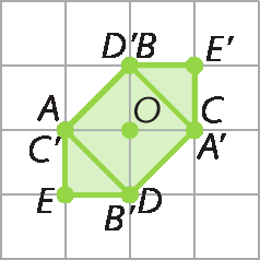 Figura geométrica. Malha quadriculada com figura verde composta pelos pontos: ABCDE. Sobre ela, figura composta pelos pontos A linha, B linha, C linha, D linha, E linha. No centro, ponto O. A coincide com C linha. B linha coincide com D. C coincide com A linha e D linha coincide com B.