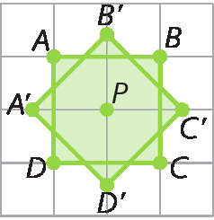 Ilustração. Malha quadriculada com quadrado verde composto pelos pontos: ABCD. Sobre ele, quadrado verde composto pelos pontos A linha, B linha, C linha, D linha. No centro, ponto P. As figuras são concêntricas, porém não se sobrepõem.
