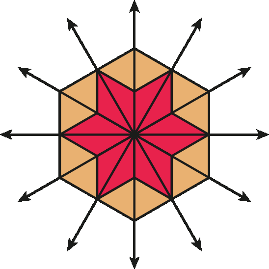 Figura geométrica. Hexágono composto por seis triângulos, dentro de cada um deles, um losango. Os losangos são unidos no centro. Seis retas cortam a figura, de forma a passar pelo centro do hexágono, laterais ou pelo meio do triângulo. Abaixo está escrito: vários eixos de simetria.