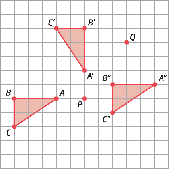 Figura geométrica. Malha quadriculada com triângulo vermelho ABC. Ao lado, triângulo vermelho A duas linhas, B duas linhas, C duas linhas. Acima, triângulo vermelho A linha, B linha, C linha. à direita, ponto Q. As figuras tem mesmo formato e dimensões, porém estão em posições diferentes.