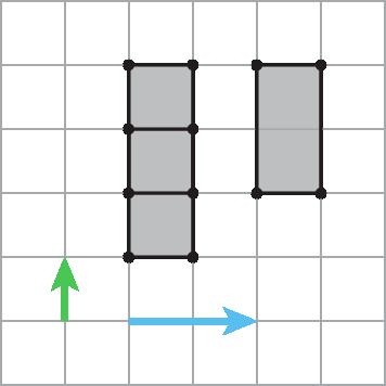 Figura geométrica. Malha quadriculada com figura composta por três quadradinhos sobrepostos à esquerda, seta vertical para cima. À direita, figura composta por dois quadradinhos sobrepostos. Abaixo, seta da esquerda para direita.
