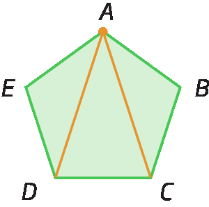 Figura geométrica.  Pentágono verde ABCDE com diagonais de AC e AD